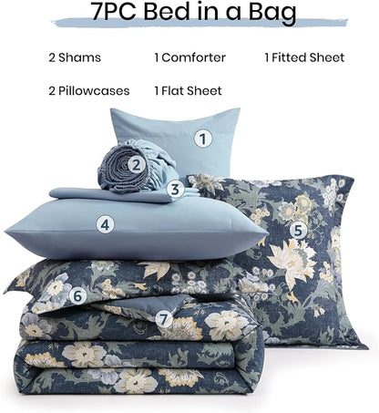 Queen Comforter Set -7 Pieces Floral Antique Blue Comforter Set for All Seasons, Bed in a Bag Queen with Botanical Flowers Comforter, Sheets, Pillowcases & Shams