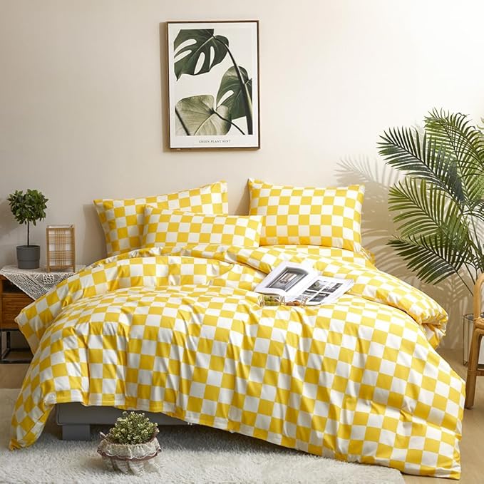 CLOTHKNOW Light Yellow Grid Queen Comforter Set Plaid Bedding Comforter Sets Checker Queen Comforter Light Yellow Queen Size Comforter Sets