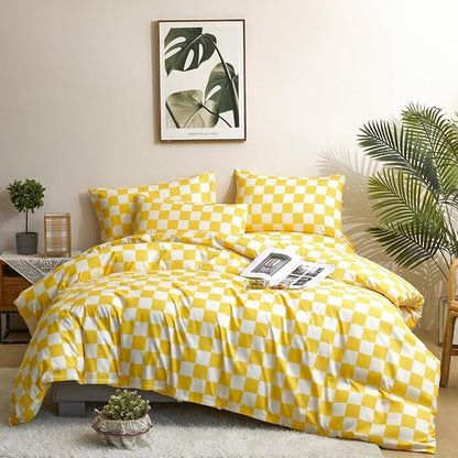 CLOTHKNOW Light Yellow Grid Queen Comforter Set Plaid Bedding Comforter Sets Checker Queen Comforter Light Yellow Queen Size Comforter Sets