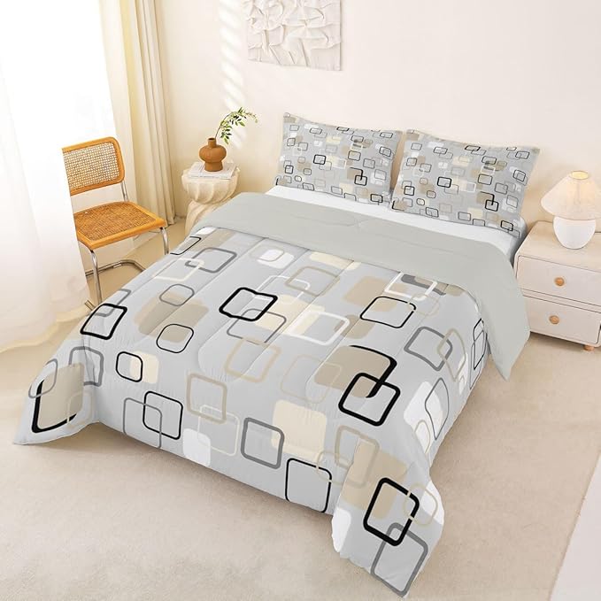 Erosebridal Minimalist Geometric Square Bedding Set King Mid-Century Plaid Comforter Set for Kids Girls Boys Neutral Gray Beige Abstract Down Comforter Modern Checkered Quilt Duvet