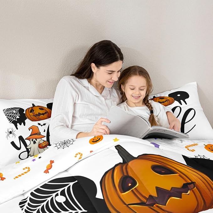 Erosebridal Halloween Boo Bedding Set Queen, Halloween Pumpkin Comforter Set, Cute Ghost with Wizard Hat Comforter, Black Bat Spider Web Quilt for Kid Boys Girls Teens Women Men Bedroom Decor
