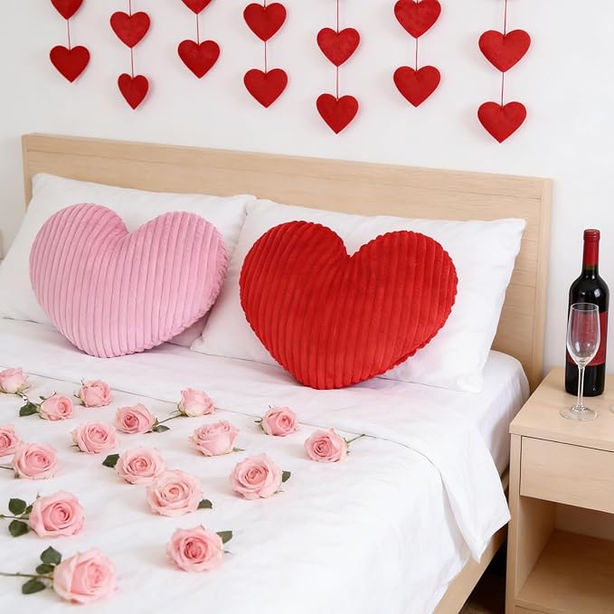 Cumule 3Pcs Valentine's Day Heart Pillows Ribbed Large Love Heart Pillows Red Ivory Pink Pillows for Valentines Day Living Room Bedroom Decor