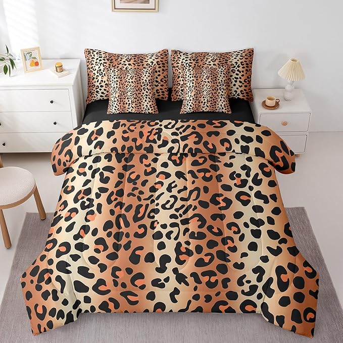 Castle Fairy Leopard Print Comforter Sets Full 7 Pcs,African Wildlife Animal Bedding Set,Wild Animal Skin Duvet Set with Comforter,Flat Sheet,Fitted Sheet,Pillowcases and Pillow Covers,Reversible