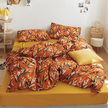 Luxlovery Botanical Floral Comforter Set Queen Orange Bohemian Bedding Comforter Set Women Girls Vintage Style Blanket Quilts Breathable Modern Rustic Leaves Bedding Set Hotel Quality Queen Comforter