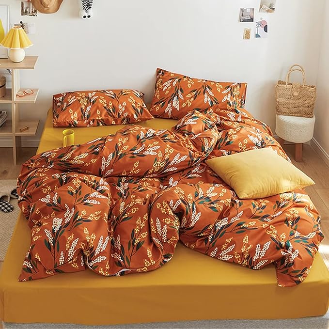 Luxlovery Floral Comforter Set King Botanical Orange Bohemian Bedding Comforter Set Women Girls Vintage Style Blanket Quilts Breathable Modern Rustic Leaves Bedding Set Hotel Quality King Comforter