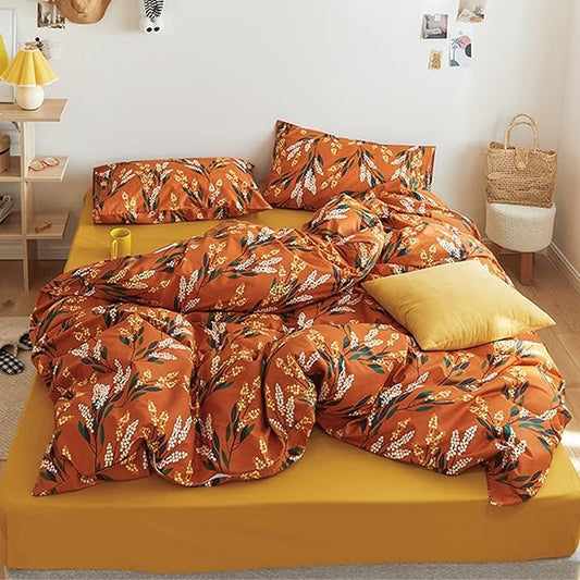 Luxlovery Floral Comforter Set King Botanical Orange Bohemian Bedding Comforter Set Women Girls Vintage Style Blanket Quilts Breathable Modern Rustic Leaves Bedding Set Hotel Quality King Comforter