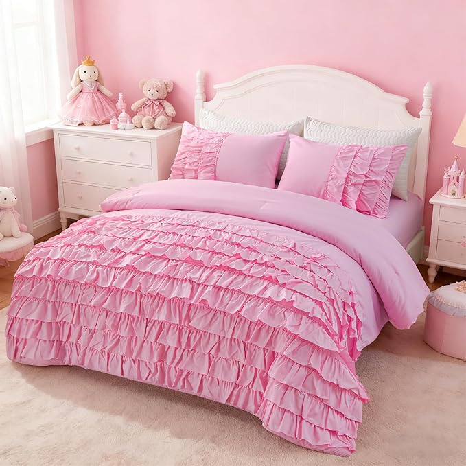Holawakaka Pink Waterfall Ruffle Comforter Set Full Size Multi-Layers Ruffled Shabby Chic 3PCS Bedding Set for Girls Women, Kids Teens Ruched Dorm Bed Set
