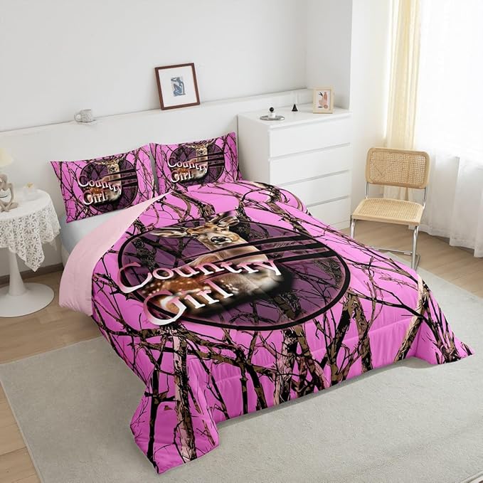 Erosebridal Camo Hunting Deer King Bedding Set,Pink Camouflage Hunter Comforter Set for Girls Boys Kids,Rustic Cabin Lodge Comforter,Tree Branch Bedroom Decor with 2 Pillowcases,All Season
