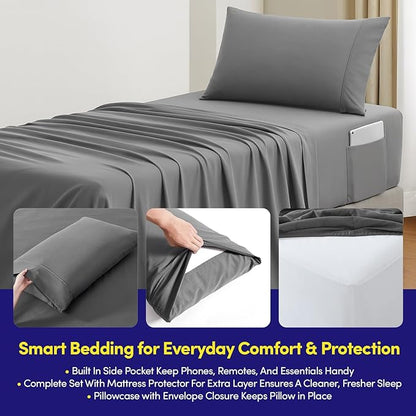 Twin Size Comforter Set Quilted Stripe Bedding Bundle – Stylish Set with Comforter, Mattress Protector, Sheet Set & Pillow Shams — Sophisticated Striped Design for Home & Guest Rooms, Charcoal