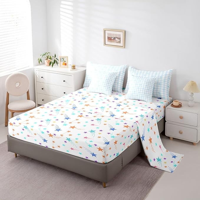 Feelyou Blue Bow Comforter Set with Sheets King Size Kids Bowknot Pliad 7 Pieces Bedding Set for Boys Girls Teens Gift for Girls Women Grid Bed in a Bag Breathable Princess Décor Bed Set
