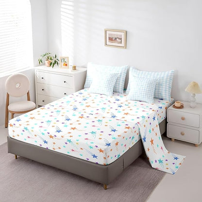 Feelyou Blue Bow Comforter Set with Sheets King Size Kids Bowknot Pliad 7 Pieces Bedding Set for Boys Girls Teens Gift for Girls Women Grid Bed in a Bag Breathable Princess Décor Bed Set
