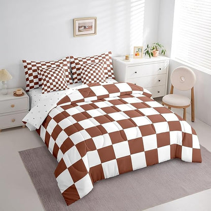 Feelyou Checkered 7 Piece Bedding Set Teen Coffee Brown White Plaid Comforter Set with Sheets Twin Size Kids Boys Cute Retro Neutral Checkerboard Geometric Bed in a Bag Vintage Aesthetic Room Decor