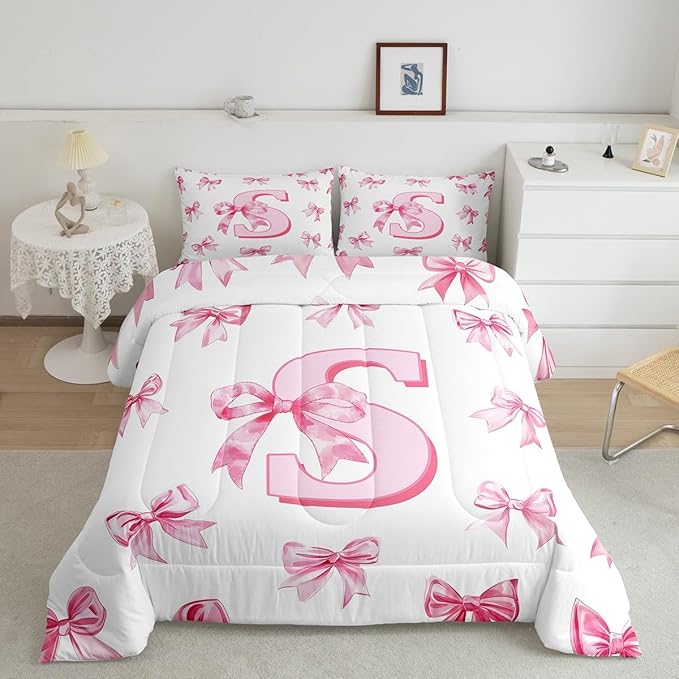 Erosebridal Dreamy Bow Bedding Comforter Sets Pink Monogrammed S Comforter Set Initial Letter S Bowknot Bedding Set King Size for Kids Girls Teen Women,Kawaii Girly Princess Quilt Duvet