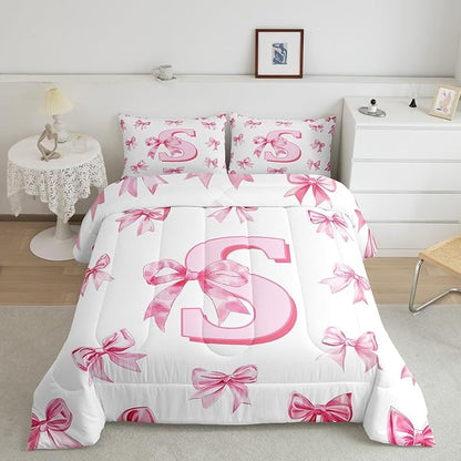 Erosebridal Dreamy Bow Bedding Comforter Sets Pink Monogrammed S Comforter Set Initial Letter S Bowknot Bedding Set King Size for Kids Girls Teen Women,Kawaii Girly Princess Quilt Duvet