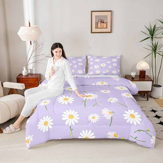 Manfei Cute Flower Comforter Set King Size, White Daisy Floral Bedding Set 3pcs for Kids Boys Girls Room Decor, Botanical Plants Wildflower Down Comforter with 2 Pillowcases, No Sheets