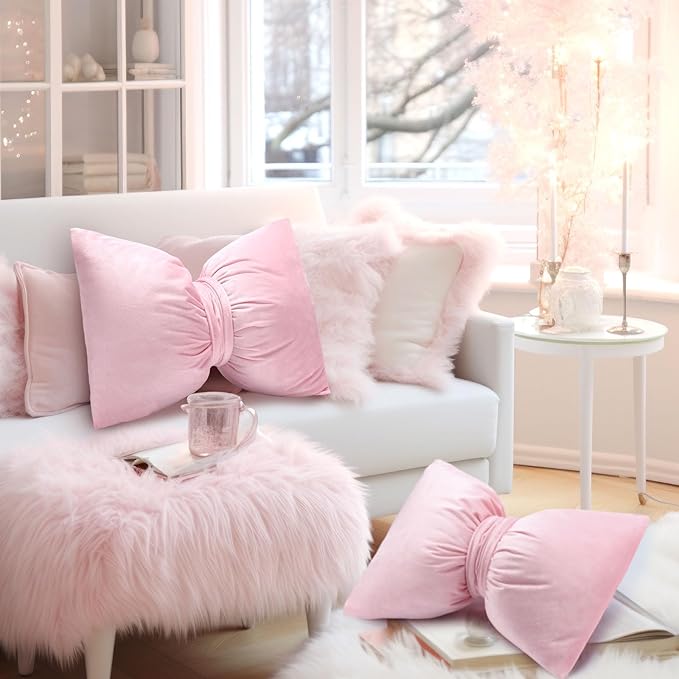 Pink 2 Pcs Bow Pillow 12 x 18 Inch Coquette Throw Pillows Large Bow Shaped Velvet Cushion Coquette Decorative for Girls Room Bed Sofa Couch Car Decorations
