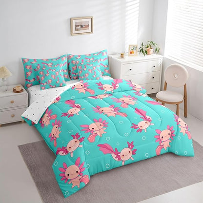 Erosebridal Axolotl Bed in A Bag Twin | Kawaii Pink Salamander Wildlife 7 Piece Comforter Set Wild Animals Sheet Set Breathable Lightweight Underwater World Fitted Sheet Reversible