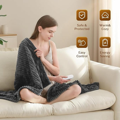 Reaks Electric Heated Throw Blanket, Silky Soft Flannel & Sherpa Heating Blanket Throw with 5 Heat Levels & 3 Hours Auto Off, Warm Gifts for Women Mom Grandma, ETL Certified (50x60 inches, Grey)