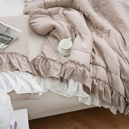 Shabby Chic Bedding Set Boho King Size Comforter Set Ruffle Bedroom Home Decor Ultra Soft Microfiber Taupe Bed Set Farmhouse Down Comforter Bohemian White Ruffled Quilt Set for Girls Women