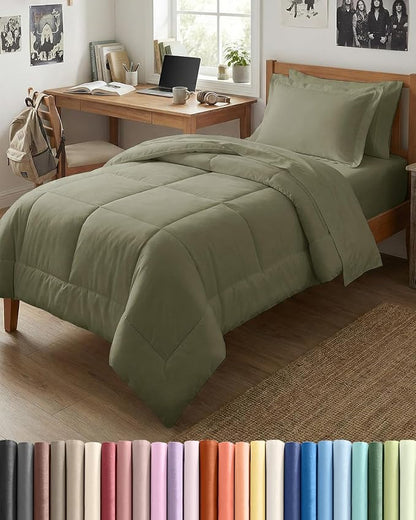 Twin XL Comforter Set - 5 Piece Bed in a Bag Twin XL Size Bed Set - Down Alternative Comforter, Flat Sheet, Fitted Sheet, Pillowcase & Sham for All Seasons - Ultra Soft, Comfy, Breathable - Sage Green