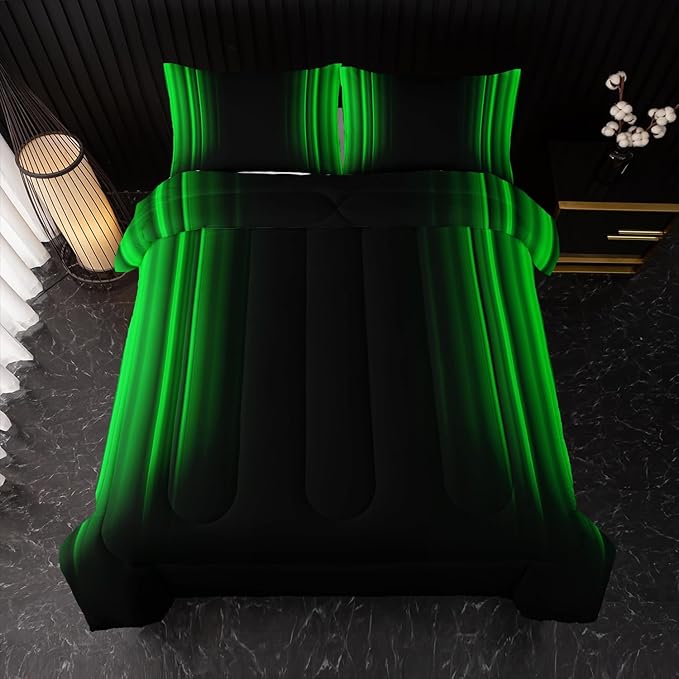 Green and Black Bedding Set Queen Size Abstract Ombre Comforter Set for Teen Boys, Mordern Bedding Set 3 Piece in A Bag,Dark Quilt Set Mordern Art Decor Lightweight All Seasons with Pillowcases