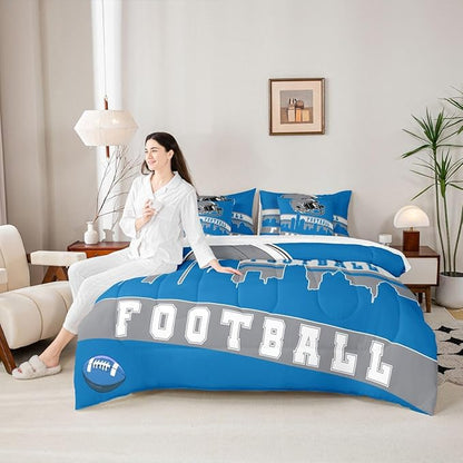 Erosebridal Football City 7 Pcs Comforter Set Queen Football Bedding for Boys Girls Blue Grey Rugby Game Sheet Set Bed in A Bag Football Fans Bedroom Decor Sports Ball Team Bed Set