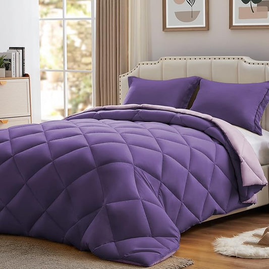 NexHome King Size Comforter Set Purple&Light Purple, 3 Pieces Lightweight Reversible Comforter King Size, All Season Fluffy Down Alternative Comforter Bed Set Quilt Blanket