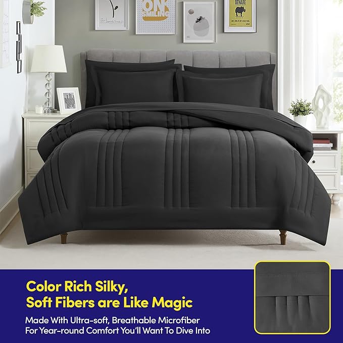 Full Size Comforter Set Quilted Stripe Bedding Bundle – Stylish Set with Comforter, Mattress Protector, Sheet Set & Pillow Shams — Sophisticated Striped Design for Home & Guest Rooms, Black