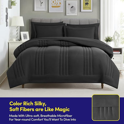 Full Size Comforter Set Quilted Stripe Bedding Bundle – Stylish Set with Comforter, Mattress Protector, Sheet Set & Pillow Shams — Sophisticated Striped Design for Home & Guest Rooms, Black