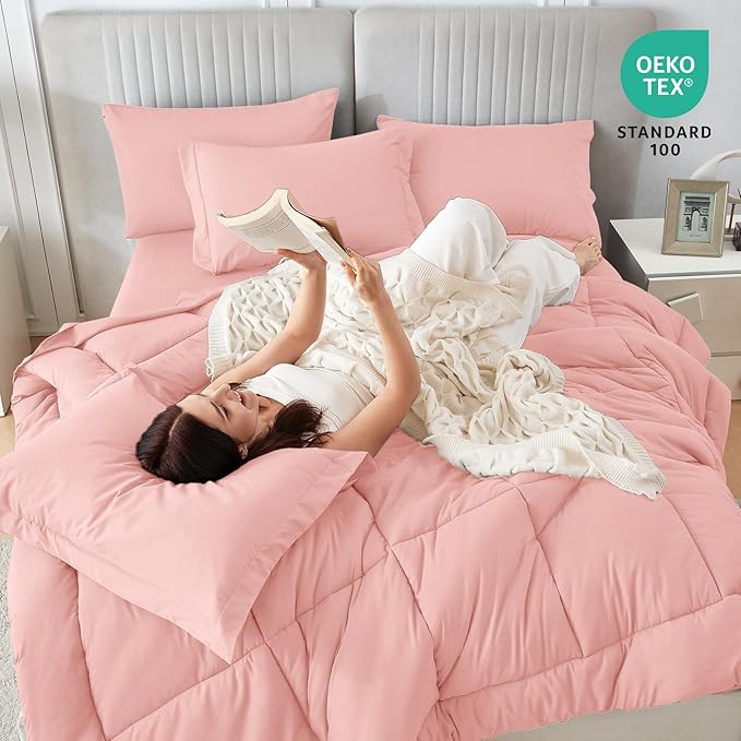 Sasttie King Size Comforter Set, 7 Pieces Bed in a Bag King, Complete Bedding Set Includes Comforter, Flat Sheet, Fitted Sheet, Pillowcases and Pillow Shams, Pink