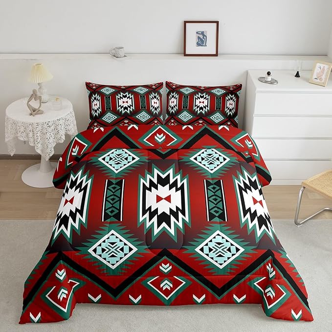 Feelyou Red Western Comforter Set Southwest Native Tribal Bedding Set Twin Size for Kids Boys Girls Teens Room Decor Geometric Boho West Comforter Soft Microfiber