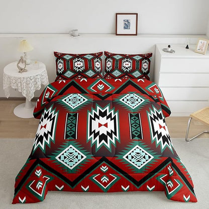 Feelyou Red Western Comforter Set Southwest Native Tribal Bedding Set Twin Size for Kids Boys Girls Teens Room Decor Geometric Boho West Comforter Soft Microfiber