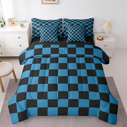 Feelyou Checkered 7 Piece Bedding Set Teen Blue Black Plaid Comforter Set with Sheets Queen Size Kids Boys Cute Retro Neutral Checkerboard Geometric Bed in a Bag Vintage Aesthetic Room Decor