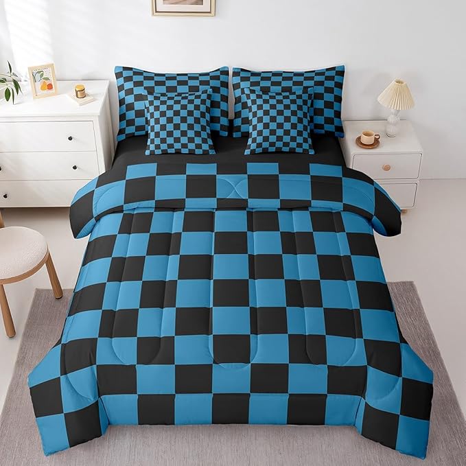 Feelyou Checkered 7 Piece Bedding Set Teen Blue Black Plaid Comforter Set with Sheets Twin Size Kids Boys Cute Retro Neutral Checkerboard Geometric Bed in a Bag Vintage Aesthetic Room Decor