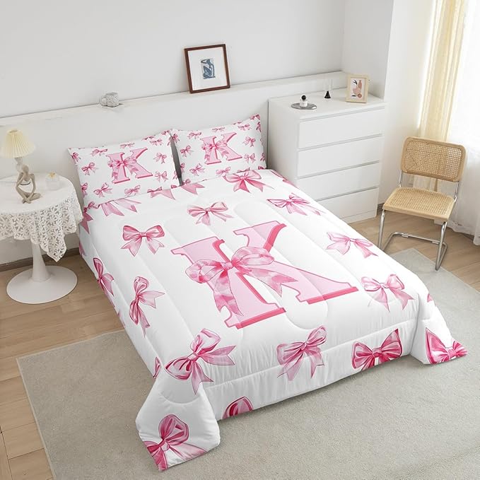 Erosebridal Initial Letter K Bow Bedding Set for Kids Girls Teen Women,Pink Girly Bowknot Bedding Comforter Sets Twin Cute Fantasy Princess Comforter Set Kawaii Watercolor Bow Quilt Duvet