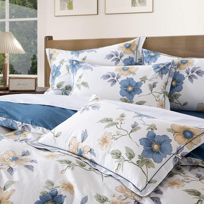 Cotton Comforter Queen Size Set – White Blue Floral Cotton Shell Bedding, Soft & Breathable, All-Season Down-Alternative Fill, Includes 1 Comforter & 1 Pillow Sham