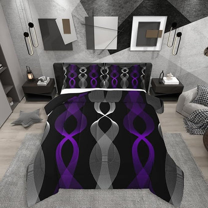 Erosebridal Purple and Black Bedding Set Twin,Boho Abstract Purple Striped Comforter Set, Modern Aesthetic Wavy Line Comforter, Contemporary Gradient Geometric Stripes Quilt for Men Adults Bedroom