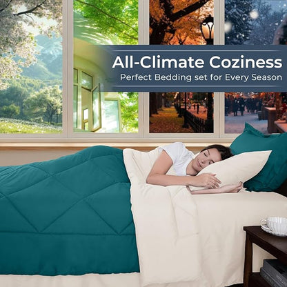 HEVUMYI King Comforter Set - 7-Piece All Season Bed in a Bag King, Ultra Soft Bedding Set with Comforter, Flat Sheet, Fitted Sheet, Pillowcases, Pillow Shams, Peacock Blue & Ivory