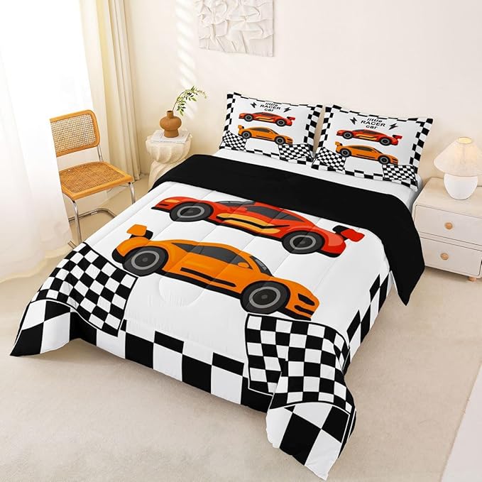 jejeloiu Boys Cartoon Racer Car Bedding Set Toddle Size Black White Checkerboard Comforter Set for Kids Red Orange Duvet Set Cute Car Quilt Set 2Pcs