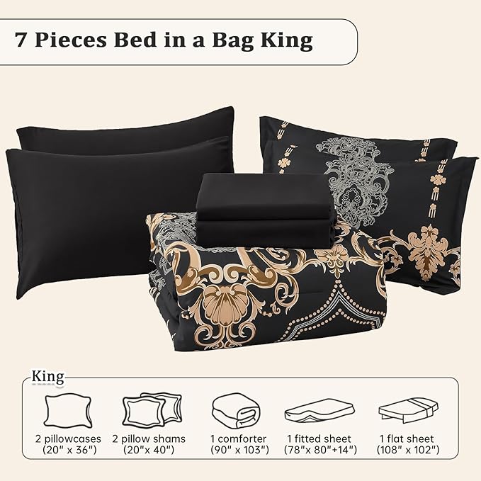 Mybedsoul 7 Pieces Black Comforter Set King Size, Gold Damask Bed in a Bag for King Bed, Lightweight Microfiber Boho Bedding Sets with Comforter, Sheet, Pillowcases & Shams for All Season(90"x104")