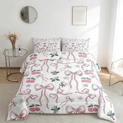 Feelyou Pink Girls Bow Comforter Set for Kids Boys Girls Kawaii Cherry Print Comforter Toddler Size Cute Bowknot Bedding Set Bedroom Decor Floral Botanical Duvet Set Kawaii Quilt Set 2Pcs