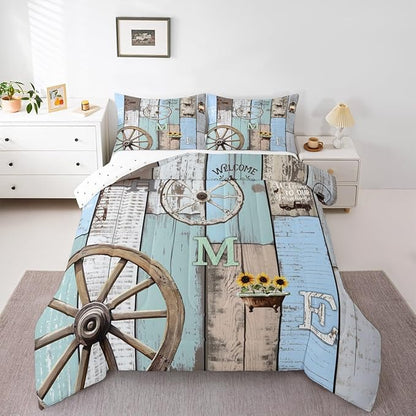 Rustic Farmhouse Bedding Sets For Cabin Lodge Western Country Comforter Set Retro Barn Door Wheel Windmill Quilt Set Full,Farm Animal Sunflower Planks Duvet Insert Blue Grey Brown 2 Pillow Cases