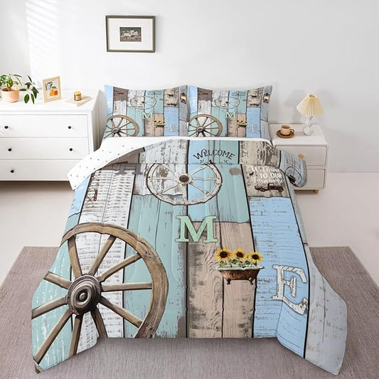 Rustic Farmhouse Bedding Sets For Cabin Lodge Western Country Comforter Set Retro Barn Door Wheel Windmill Quilt Set Twin,Farm Animal Sunflower Planks Duvet Insert Blue Grey Brown 1 Pillow Case