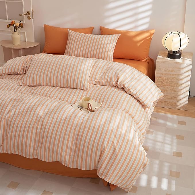 HighBuy Full Size Comforter Set Orange Gingham Boho Striped Bedding Comforter with 2 Pillowcases Boho Art Decor Comforter Fluffy Thick Farmhouse Bedding Set for Women Teens Soft Breathable