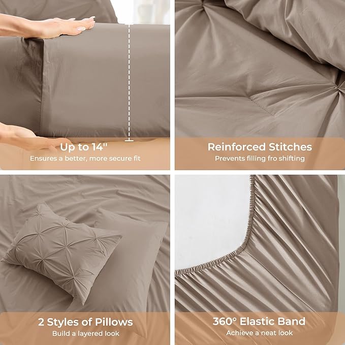Sasttie Full Size Comforter Set, 7-Piece Bed in a Bag, Pintuck Bedding Set for All Season, Includes Comforter, Flat Sheet, Fitted Sheet, Pillowcases and Pillowshams, Dark Linen