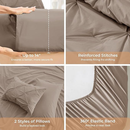 Sasttie Full Size Comforter Set, 7-Piece Bed in a Bag, Pintuck Bedding Set for All Season, Includes Comforter, Flat Sheet, Fitted Sheet, Pillowcases and Pillowshams, Dark Linen