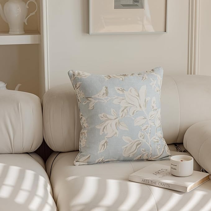 Throw Pillow Covers with Insert Included, with Embroidered Detail, 18 x 18 inches, Decorative Throw Pillow for Sofa Couch Bed (Light Blue Floral, 18" L x 18" W)