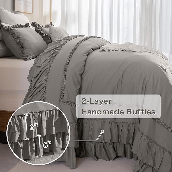 Masaca Grey Oversized King Comforter Set 128x120,Shabby Boho Chic Ruffle Bedding Comforter Extra Large King Size,French Country Rustic Farmhouse Bedding 3PCS (1 Ruffled Comforter+2 Pillow Shams)