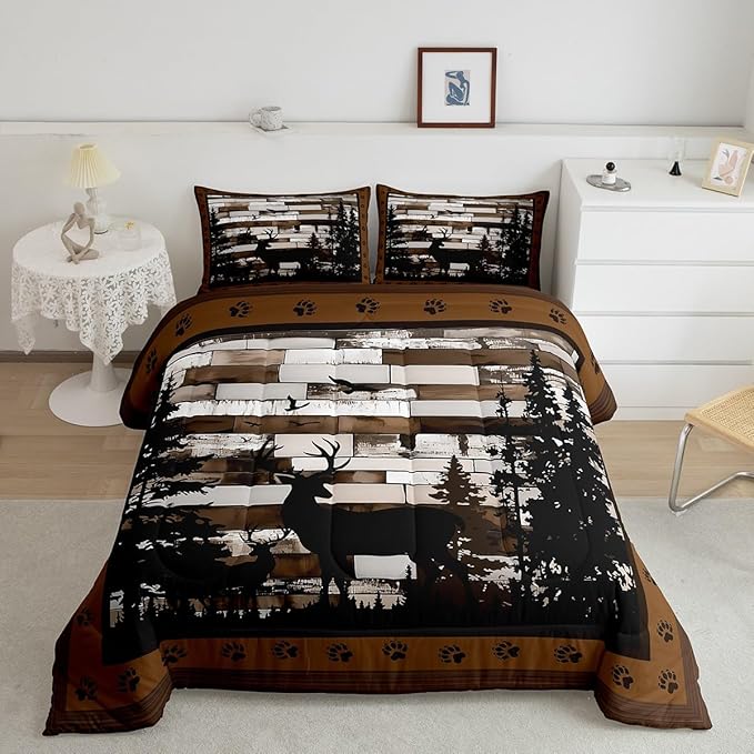 Feelyou Rustic Deer Bedding Set Wild Animals Hunt Comforter Set for Kids Boys Girls Brown Wooden Comforter Paw Print Quilt Set Bedroom Collection 2Pcs Toddler Size