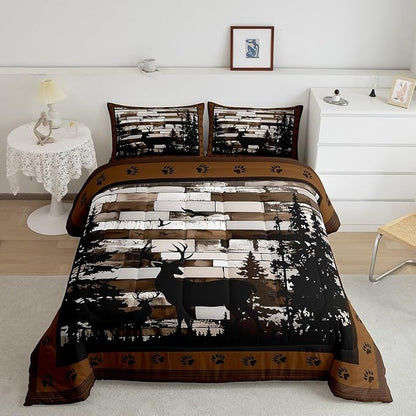 Feelyou Rustic Deer Bedding Set Wild Animals Hunt Comforter Set for Kids Boys Girls Brown Wooden Comforter Paw Print Quilt Set Bedroom Collection 3Pcs Queen Size